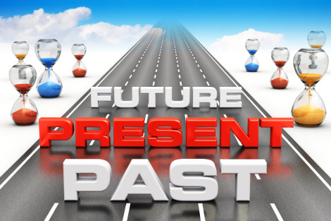 Business vision hourglass future present past highway